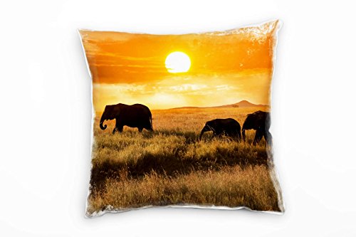 Paul Sinus Art Tiere, Elefanten, Familie, Sonnenuntergang, orange Deko Kissen 40x40cm für Couch Sofa Lounge Zierkissen - Dekoration zum Wohlfühlen von Paul Sinus Art