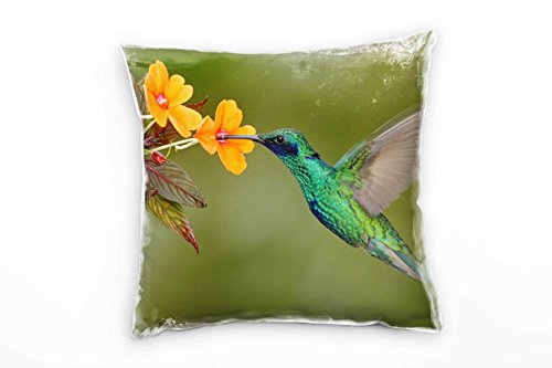 Paul Sinus Art Tiere, Kolibri, Blüte, grün, orange, türkis Deko Kissen 40x40cm für Couch Sofa Lounge Zierkissen - Dekoration zum Wohlfühlen von Paul Sinus Art