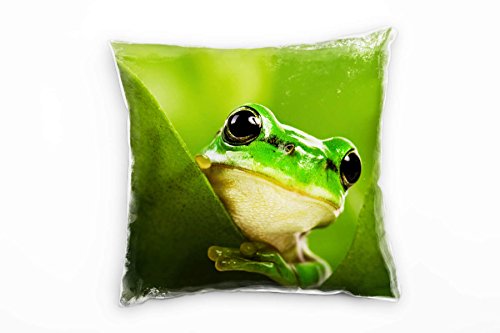 Paul Sinus Art Tiere, Macro, grün, hinter Blättern versteckter Frosch Deko Kissen 40x40cm für Couch Sofa Lounge Zierkissen - Dekoration zum Wohlfühlen von Paul Sinus Art