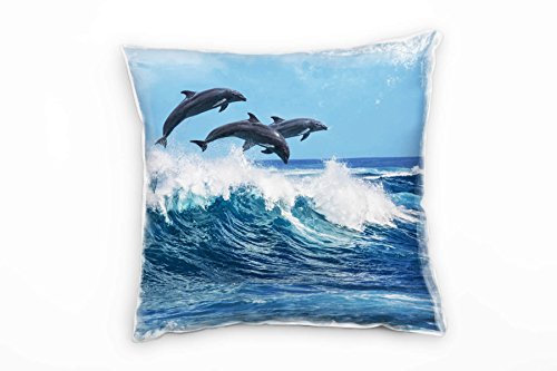 Paul Sinus Art Tiere, Meer, springende Delfine, Wellen, blau Deko Kissen 40x40cm für Couch Sofa Lounge Zierkissen - Dekoration zum Wohlfühlen von Paul Sinus Art