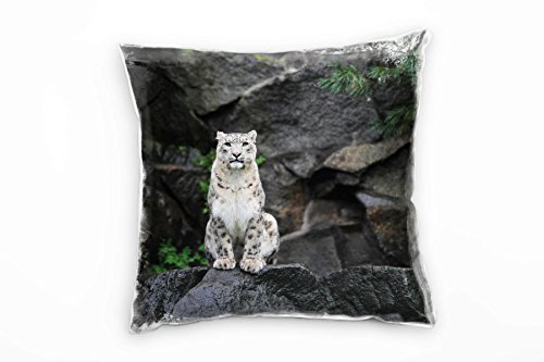 Paul Sinus Art Tiere, Schneeleopard, Felsen, braun, grau Deko Kissen 40x40cm für Couch Sofa Lounge Zierkissen - Dekoration zum Wohlfühlen von Paul Sinus Art