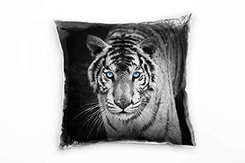 Paul Sinus Art Tiere, schwarz, weiß, Tiger mit blauen Augen, Nah Deko Kissen 40x40cm für Couch Sofa Lounge Zierkissen - Dekoration zum Wohlfühlen von Paul Sinus Art