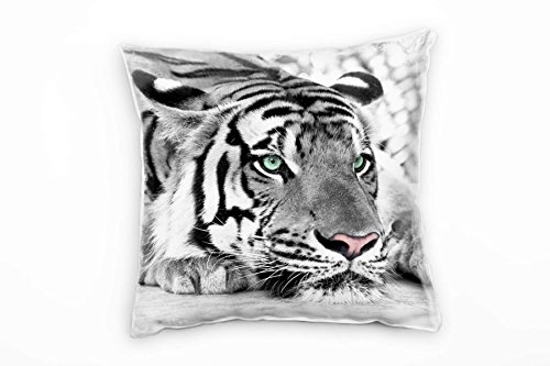 Paul Sinus Art Tiere, weißer Tiger, grüne Augen, Grauer Hintergrund Deko Kissen 40x40cm für Couch Sofa Lounge Zierkissen - Dekoration zum Wohlfühlen von Paul Sinus Art