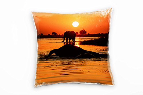 Paul Sinus Art Tiere, badende Elefant, Sonnenuntergang, orange Deko Kissen 40x40cm für Couch Sofa Lounge Zierkissen - Dekoration zum Wohlfühlen von Paul Sinus Art