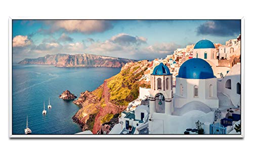 Santorini Insel ca. 130x70cm Wandbild inklusive Schattenfugenrahmen Weiss - Panorama Leinwand Bild XXL Format Wandbilder Wohnzimmer Wohnung Deko Kunstdrucke von Paul Sinus Art