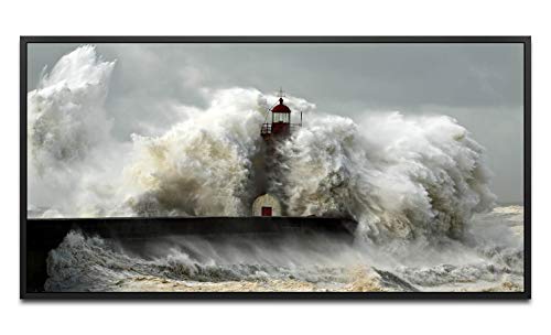 Sturm und Leuchtturm ca. 130x70cm Wandbild inklusive Schattenfugenrahmen schwarz - Panorama Leinwand Bild XXL Format Wandbilder Wohnzimmer Wohnung Deko Kunstdrucke von Paul Sinus Art