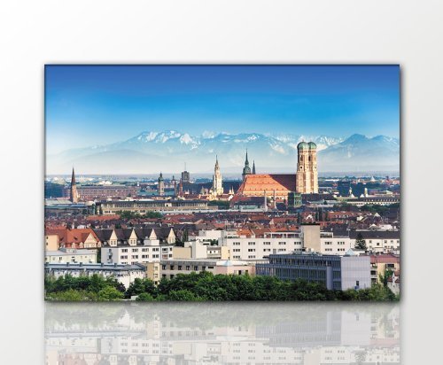 TOP Bilder! Wandbild xxl günstig & modern (Muenchen_Panorama-120x80) Deko Bilder fertig gerahmt mit Keilrahmen groß im Bilder Shop. Ausführung schöner Kunstdruck auf echter Leinwand als Wandbild mit Rahmen. Preiswerter als Ölbild Gemälde Foto Poster Plakat mit Bilderrahmen. Picture Style (Stadtlandschaft München Bayern Alpen). 100% Made in Germany. von Paul Sinus Art