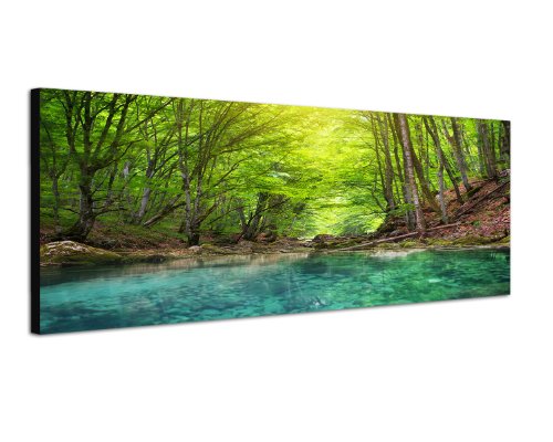 Waldbild grün Bach Natur 150x50cm Breitbild als Panorama auf Leinwand und Keilrahmen fertig zum aufhängen - Unsere Breitbild als Panoramaer auf Leinwand bestechen durch ihre ungewöhnlichen Formate und dem extrem detaillierten Druck aus bis zu 100 Megapixel hoch aufgelösten Panoramafotos. Damit garantieren unsere Bilder einen fantastischen Bildeindruck, leuchtende Farben und gestochen scharfe Details. Qualität aus Deutschland von Paul Sinus Art