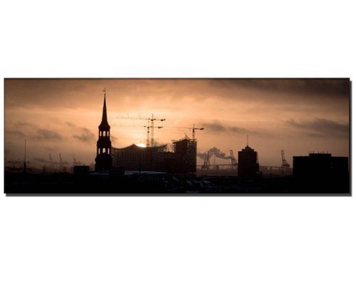 XXL Wandbild auf echter Leinwand gerahmt City Bild Skyline (Hamburg_Sonnenuntergang_150x50cm) Bilder fertig gerahmt mit Keilrahmen riesig. Ausführung Kunstdruck auf Leinwand. Günstig inkl Rahmen von Paul Sinus Art