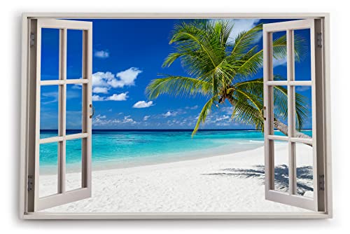 Bilder Fensterblick 120x80cm Südseeparadies Palmen Strand Sonne Meer Türkis Kunstdruck Wanddeko Wand Wohnzimmer von Paul Sinus