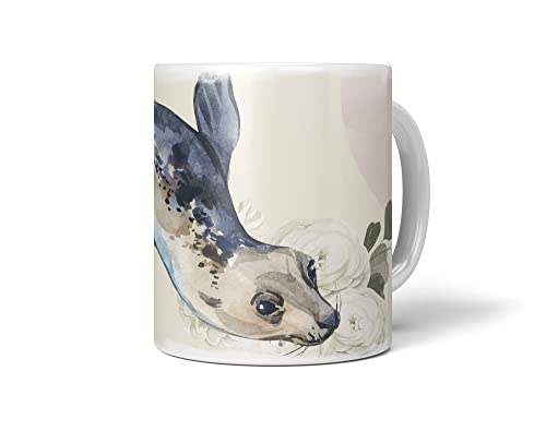 Dekorative Tasse mit schönem Motiv Robbe Seehund Blumen Blüten Kunstvoll Pastelltöne von Paul Sinus