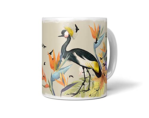 Dekorative Tasse mit schönem Vogel Motiv Kranich Blumen Blüten Exotisch Farbenfroh von Paul Sinus