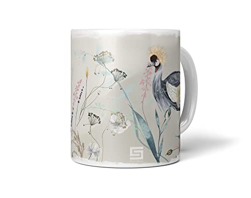 Dekorative Tasse mit schönem Vogel Motiv Kranich Blumen Blüten Pastelltöne Einzigartig Design von Paul Sinus