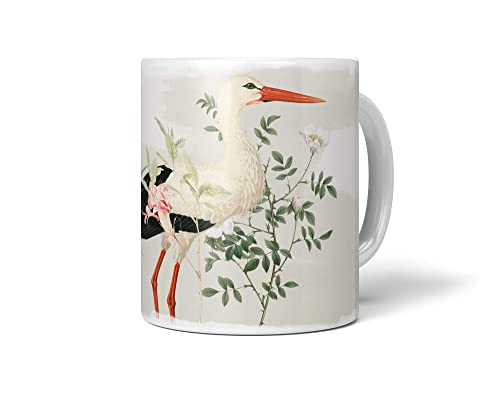 Dekorative Tasse mit schönem Vogel Motiv Storch Blumen Blüten Pastelltöne Kunstvoll von Paul Sinus