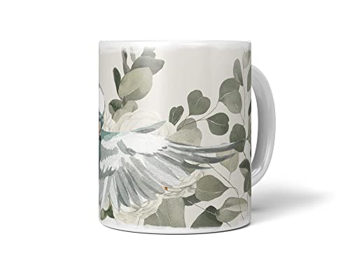 Dekorative Tasse mit schönem Vogel Motiv weißer Wellensittich Eukalyptus Pastelltöne Kunstvoll von Paul Sinus