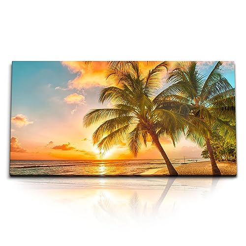 Kunstdruck Bilder 120x60cm Traumstrand Südseeparadies Palmen Meer Sonnenuntergang von Paul Sinus
