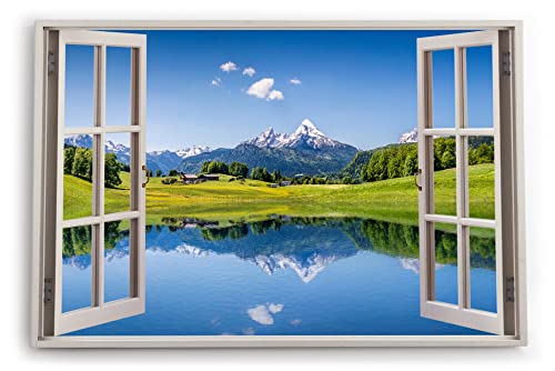 Paul Sinus Bilder Fensterblick 120x80cm Alpen Alpensee Österreich Blau Natur Sonnenschein Kunstdruck Wanddeko Wand Wohnzimmer von Paul Sinus