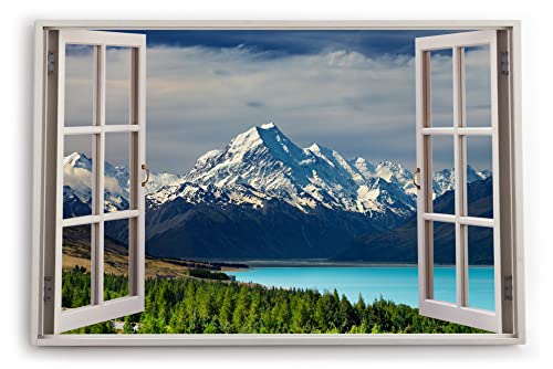 Paul Sinus Bilder Fensterblick 120x80cm Berg Bergsee Alaska Natur Schneegipfel Wald See Kunstdruck Wanddeko Wand Wohnzimmer von Paul Sinus