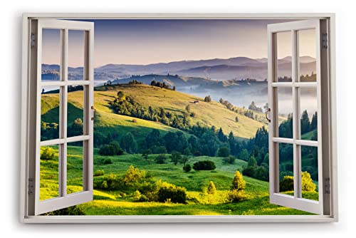 Paul Sinus Bilder Fensterblick 120x80cm Berge Hügel Wiese Landschaft Grün Nebel Morgentau Kunstdruck Wanddeko Wand Wohnzimmer von Paul Sinus