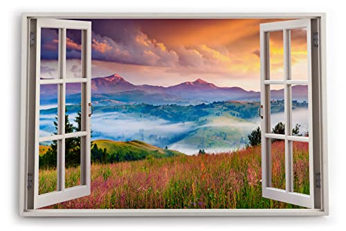 Paul Sinus Bilder Fensterblick 120x80cm Bergtal Berge Berglandschaft Nebel Natur Blumenwiese Kunstdruck Wanddeko Wand Wohnzimmer von Paul Sinus