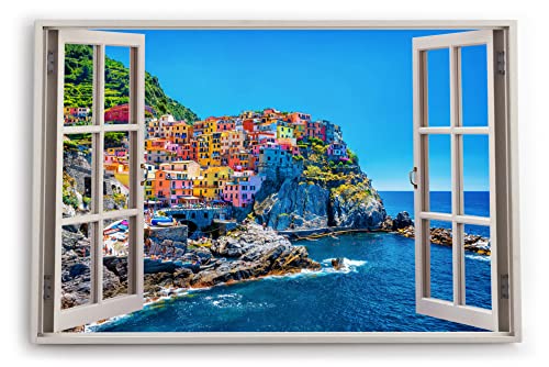 Paul Sinus Bilder Fensterblick 120x80cm Cinque Terre italienischen Riviera Manarola Mittelmeer Küstendorf Kunstdruck Wanddeko Wand Wohnzimmer von Paul Sinus