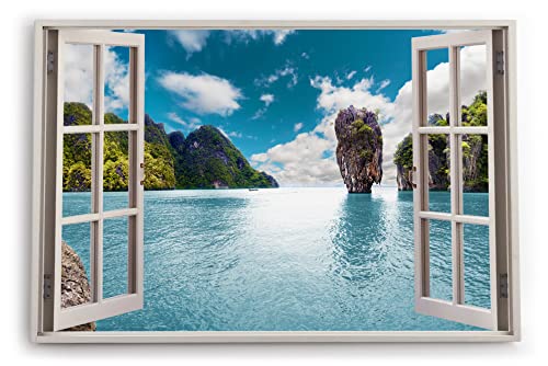 Paul Sinus Bilder Fensterblick 120x80cm Insel in Thailand Meer Sonnenschein Felsen Berge Kunstdruck Wanddeko Wand Wohnzimmer von Paul Sinus