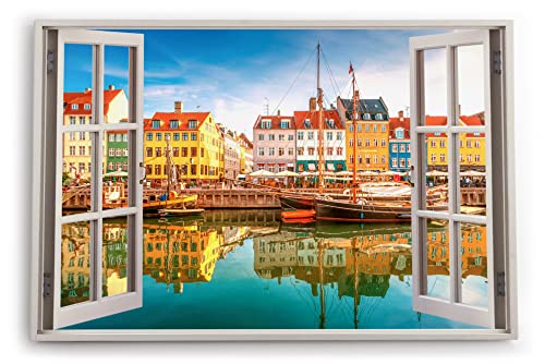Paul Sinus Bilder Fensterblick 120x80cm Kopenhagen Dänemark Boote bunte Häuser Promenade Kunstdruck Wanddeko Wand Wohnzimmer von Paul Sinus