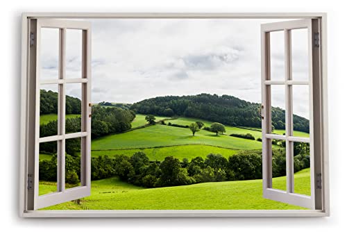 Paul Sinus Bilder Fensterblick 120x80cm Landschaft Natur Berge Hügel Grün Bäume Wiese Kunstdruck Wanddeko Wand Wohnzimmer von Paul Sinus