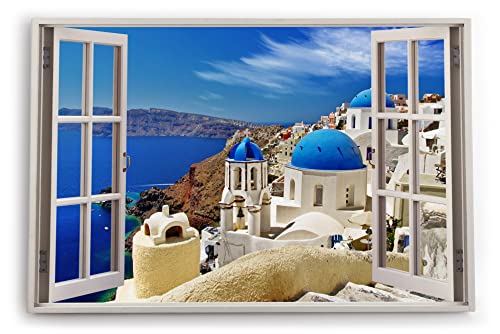 Paul Sinus Bilder Fensterblick 120x80cm Santorini Mittelmeer Meer Blau weiße Häuser Griechenland Kunstdruck Wanddeko Wand Wohnzimmer von Paul Sinus