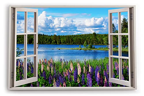 Paul Sinus Bilder Fensterblick 120x80cm See Natur Tannenwald Blumen Blüten Sommer Kunstdruck Wanddeko Wand Wohnzimmer von Paul Sinus