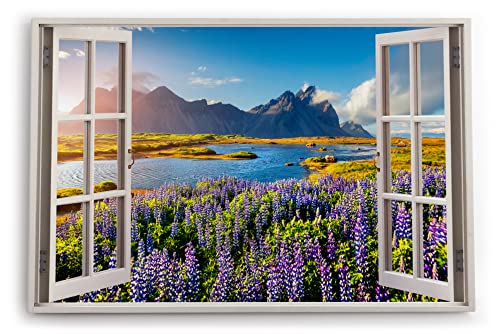 Paul Sinus Bilder Fensterblick 120x80cm Stokksnes Island Berge Landschaft Blumen See Natur Kunstdruck Wanddeko Wand Wohnzimmer von Paul Sinus