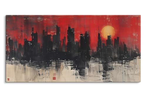 Paul Sinus Bilder auf Leinwand 120x60cm Abstrakte Skyline Großstadt Wolkenkratzer Rot von Paul Sinus