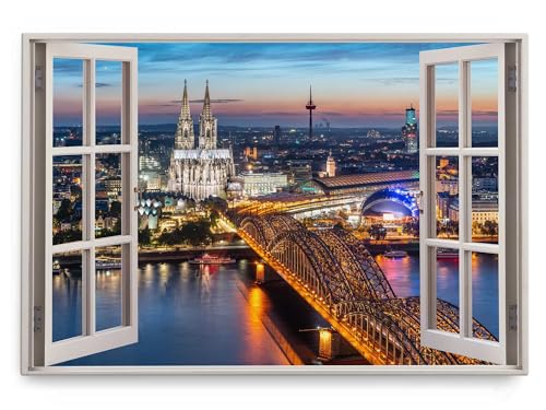 Paul Sinus Wandbild 120x80cm Fensterbild Kölner Dom Köln bei Nacht Stadtlichter Abendrot von Paul Sinus