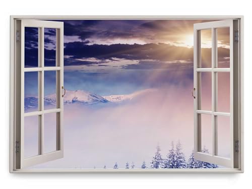 Paul Sinus Wandbild 120x80cm Fensterbild Sonnenstrahlen Licht Winterlandschaft Tannenbäume Berge von Paul Sinus