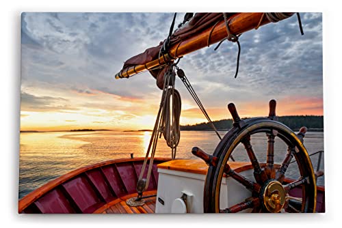 Paul Sinus Wandbild 120x80cm Segelboot Segelschiff Holzsteuerrad Meer Sonnenuntergang von Paul Sinus
