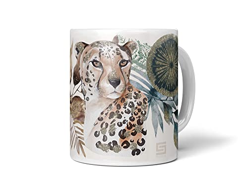 Tasse Porzellan Tier Motiv Gepard Dekorativ Kunstvoll Gold Aquarell von Paul Sinus