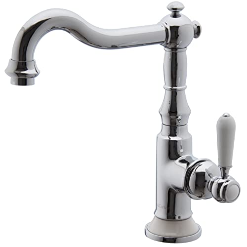 PaulGurkes Nostalgie Waschtischarmatur Keramik Wasserhahn Küchenarmatur Retro Landhausstil Vintage Armatur massives Messing hochwertig verchromt weiße Keramikeinlage Auslauf 360° schwenkbar von PaulGurkes