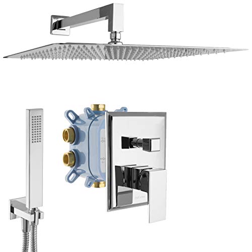 PaulGurkes Regendusche eckig Unterputzarmatur Montagebox 2-Wege Duschsystem XXL Kopfbrause 40cm Einhebelmischer Grundkörper Handbrause Stabbrause Brauseschlauch 160cm 1,6cm Duschschlauch Wandhalter von PaulGurkes