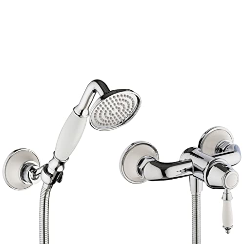 PaulGurkes Retro Duscharmatur Nostalgie Aufputz Dusche Handbrause weiß Vintage Brausehalter Brauseschlauch 160cm Duschschlauch 1,6m Aufputzarmatur Landhausstil Chrom Einhandmischer Chrom von PaulGurkes