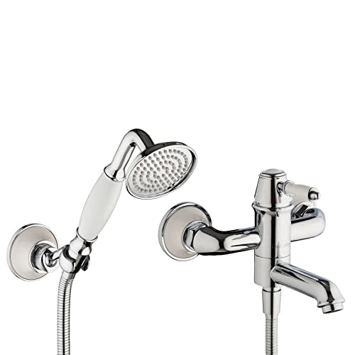 PaulGurkes Wannenarmatur Aufputz Badewannen Armatur Retro Nostalgie Chrom Weiß Einhandmischer Landhausstil 2-Wege Wasserhahn Vintage Keramikeinlage Handbrause Brauseschlauch Duschschlauch 120cm von PaulGurkes