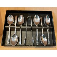 Vintage Chrome Plated Apostle Teelöffel Und Zuckerzange Set, Boxed Set von PaulinesEmporiumUK