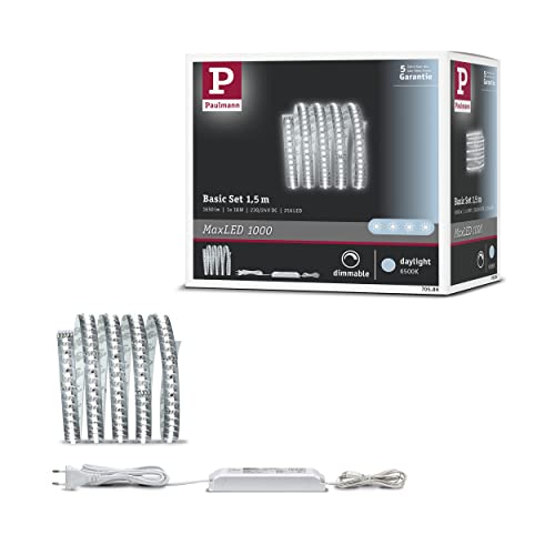 Paulmann 70586 LED Stripe MaxLED 1000 Basisset 1,5m Tageslichtweiß 17W 230/24V 36VA Silber LED Lichtband Lichtstreifen Lichtschlauch von Paulmann