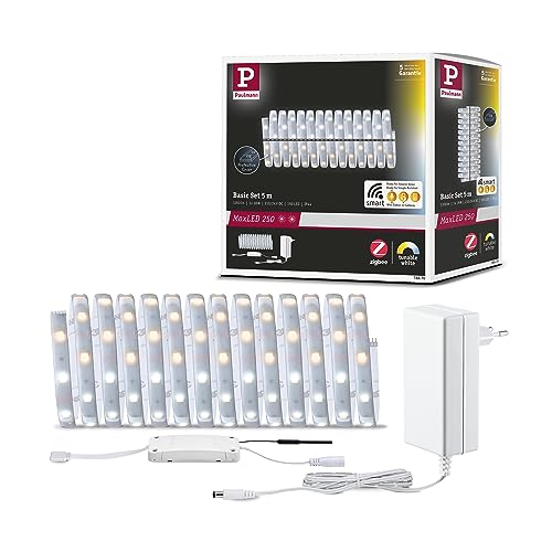 Paulmann 78870 LED Stripe MaxLED 250 Basisset Smart Home Zigbee Tunable White 5m IP44 18W 230/24V 1350lm Silber LED Lichtband spritzwassergeschützt von Paulmann