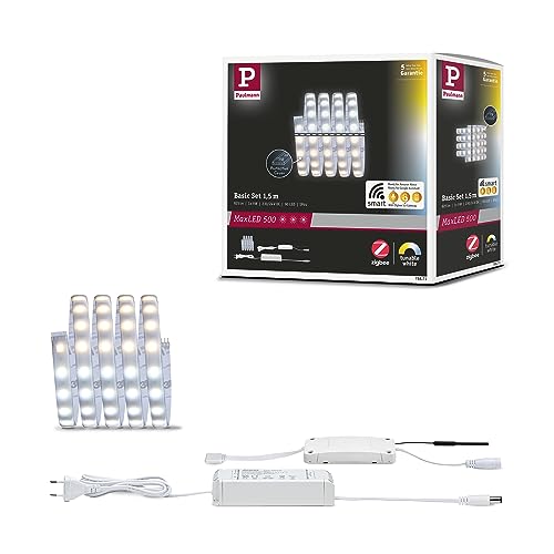 Paulmann 78871 LED Stripe MaxLED 500 Basisset Smart Home Zigbee Tunable White 1,5m IP44 9W 230/24V 825lm Silber LED Lichtband spritzwassergeschützt von Paulmann