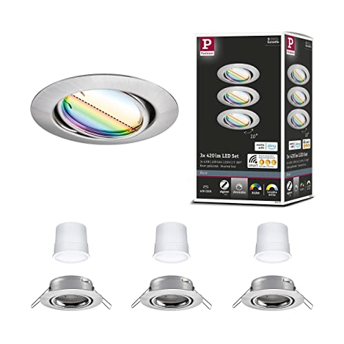 Paulmann 92467 LED Einbauleuchte Base Smart Home Zigbee Basisset schwenkbar rund 230V 3x4,9W 3x420lm dimmbar 90mm Eisen gebürstet Metall RGBW+ von Paulmann