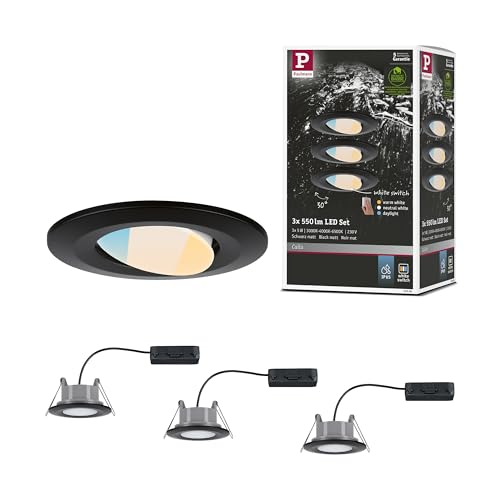 Paulmann 93096 LED Einbauleuchte Calla 3er-Set schwenkbar IP65 90mm 30° 3x550lm White Switch incl. 3x5 Watt Schwarz matt Kunststoff 3000 K von Paulmann