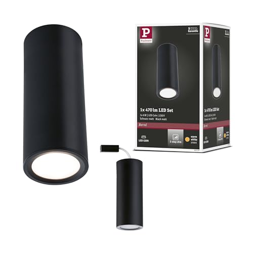 Paulmann 93107 LED Deckenleuchte Barrel rund 6W 470lm dimmbar 100° 3-Step-Dim 60mm Schwarz matt Metall 2700K Aufbauleuchte inkl. wechselbarem LED-Coin von Paulmann