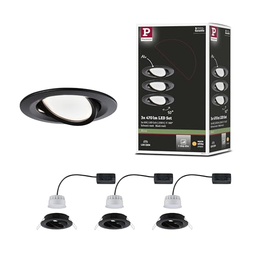 Paulmann 94472 Nova LED Einbauleuchte 3er Set Coin schwenkbar Warmweiß 3-Stufen-dimmbar rund incl. 3x6,5 Watt dimmbar Einbaustrahler Schwarz matt Spot Alu Einbaulampe 2700 K Coin von Paulmann