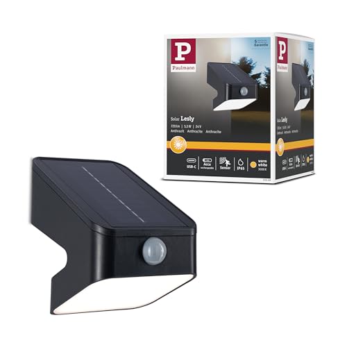 Paulmann 94608 Solar LED Wandfluter Lesly Dämmerungsgesteuerter Bewegungsmelder (IR) IP65 eckig 113x126mm 3000K 5,5W 400lm Anthrazit Kunststoff von Paulmann