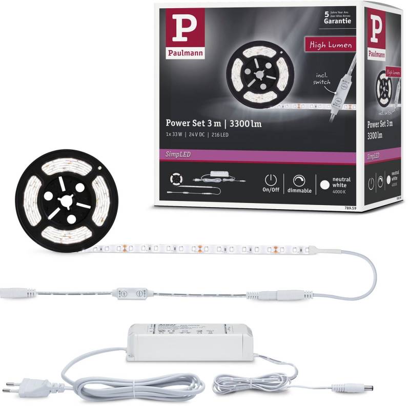 Paulmann LED-Streifen SimpLED Power Strip Set inkl. Dimm/Switch 3m Neutralweiß 33W, 1-flammig, 33W, beschichtet von Paulmann